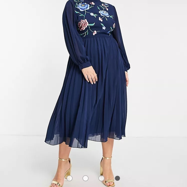 Asos Design Curve High Neck Pleated Long Sleeve Midi Dress With Embroidery